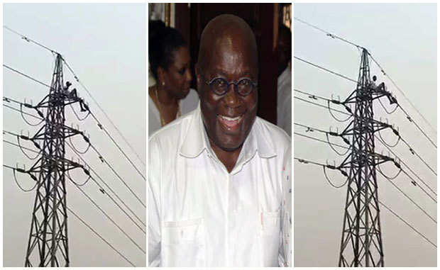 Ghanaian man Amoako climbs high tension electric pole in Kenyase in Ashanti Region. 
