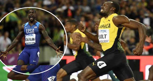 Justin Gatlin stuns Usain Bolt. 