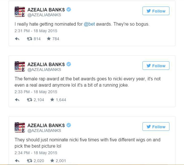 Azealia Banks BET awards 2015 tweet