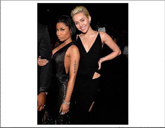 Nicki Minaj and Miley Cyrus at the 2015 Grammy Awards