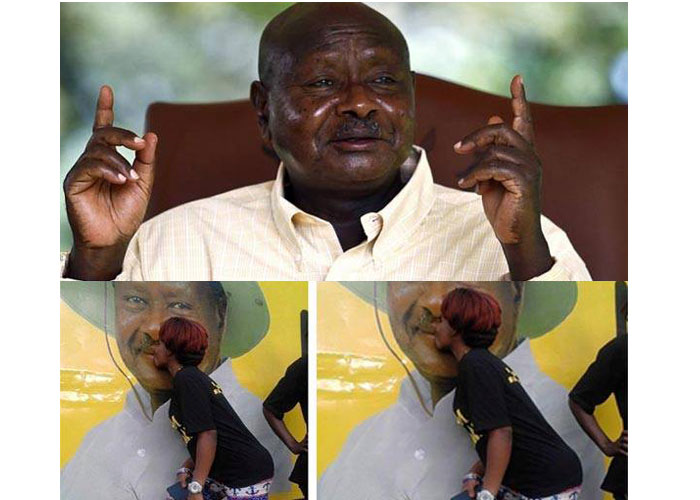 President Yoweri Museveni kissed by a lady. 